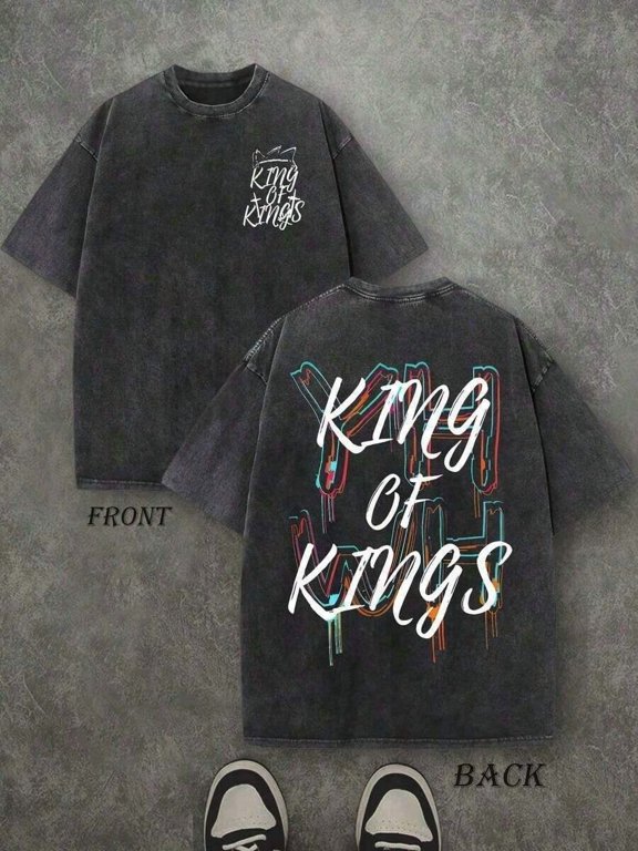 Black Retro Washed Cotton T-Shirt Double Sided King Of Kings Print Mens Streetwear Casual Tee