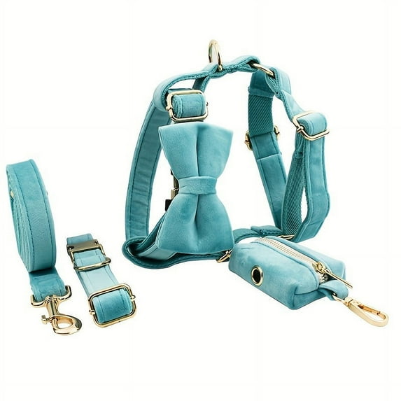5pcs/set NEWKBO Personalized Soft Velvet Dog Collar and Leash Set with Gentle Design Bow Harness Poop Bag Holder - Engraved Custom Name and Phone Number Walking Supplies for Pets Outdoo