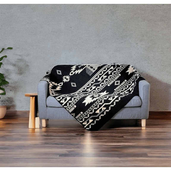 Black Reversible ALPACA Wool THROW BLANKET Andean Southwestern Design 80" X 48"