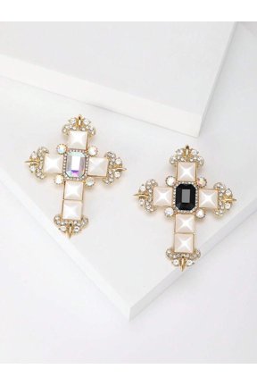 Black Rhinestone Cross Brooch With Pearl-Like Stones - Elegant Fashion Pin For Women Unisex Party Jewelry
