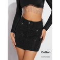 thumbnail image 1 of Black Rhinestone-Embellished Denim Mini Skirt With Flap Pockets, 1 of 7