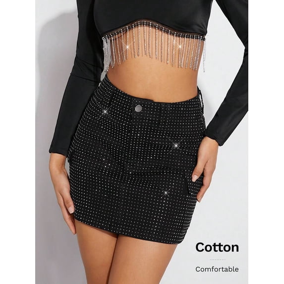 Black Rhinestone-Embellished Denim Mini Skirt With Flap Pockets