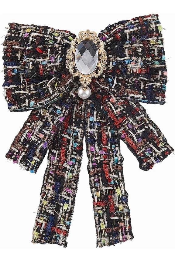 Black Rhinestone Pearl Tie with Pin Fashion Fabric Brooch Pre Tied Vintage Plaid Style Woven Bowknot Neck Collar Ties for DIY Women Ladies for DIYmal Prom Banquet Clothing Dress Accessories