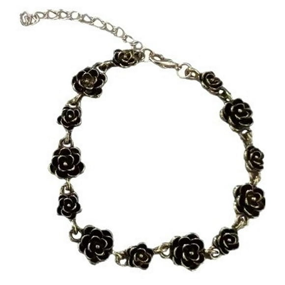 Black Rhinestone Rose Bracelet for Women & Men, Vintage Adjustable Cuban Chain Bracelet with Rose Charm, 7.87 Inch Gothic Romantic Jewelry Gift, Alloy Retro Mechanical Bangle