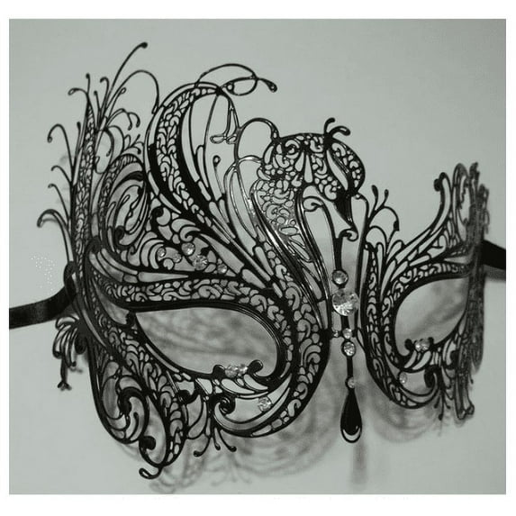 Black Rhinestone Swan Laser Cut Venetian Mask Masquerade Metal Filigree
