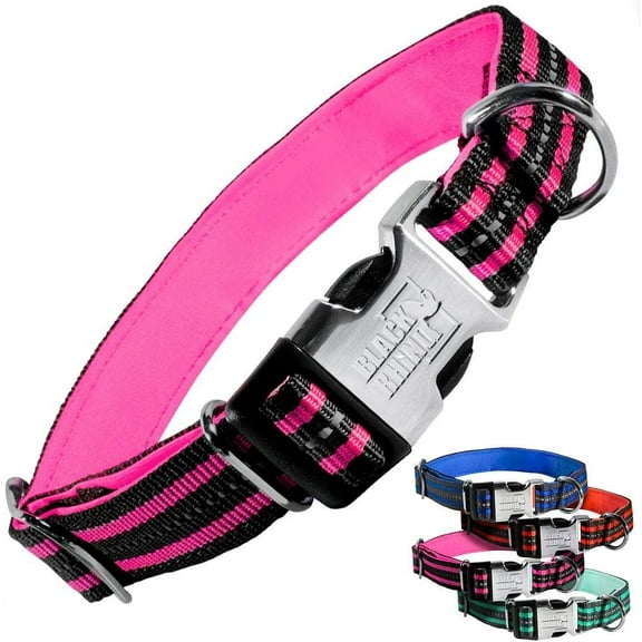 Black Rhino - Classic Striped Adjustable Dog Collar for Small Medium Large Breeds | 3m Reflective Threading | 4 Bright Colors - Matching Leashes Sold Separately (Pink Striped, Large)
