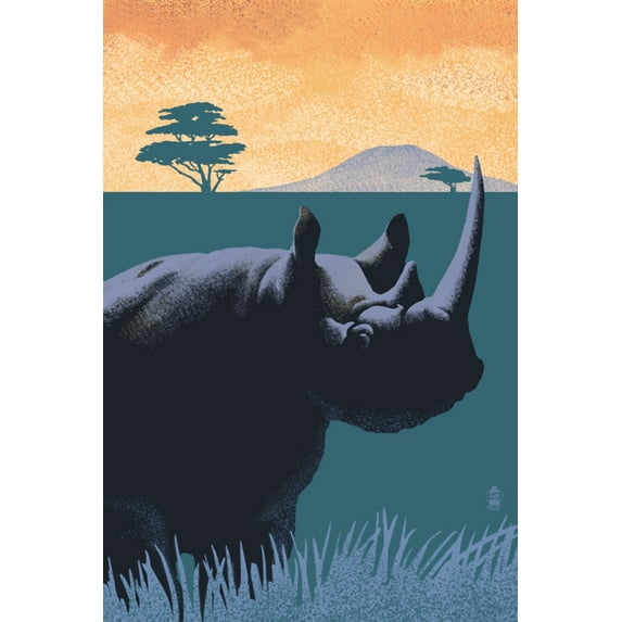 Black Rhino, Lithograph Series (9x12 Wall Art Print, Home Decor)