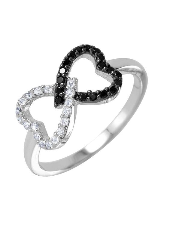 Black Rhodium Plated Sterling Silver 925 Twin Interlocking Hearts Ring White CZ Female Size 9