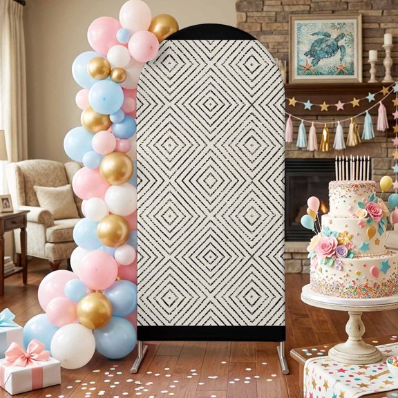 Black Rhombus Frames Arch Backdrop Covers 4 FT, Minimalist Boho Concentric Lines Stretchy Fitted Arched Stand Covers Party Arch Stand Cover Photo Booth for Wedding Birthday Decor
