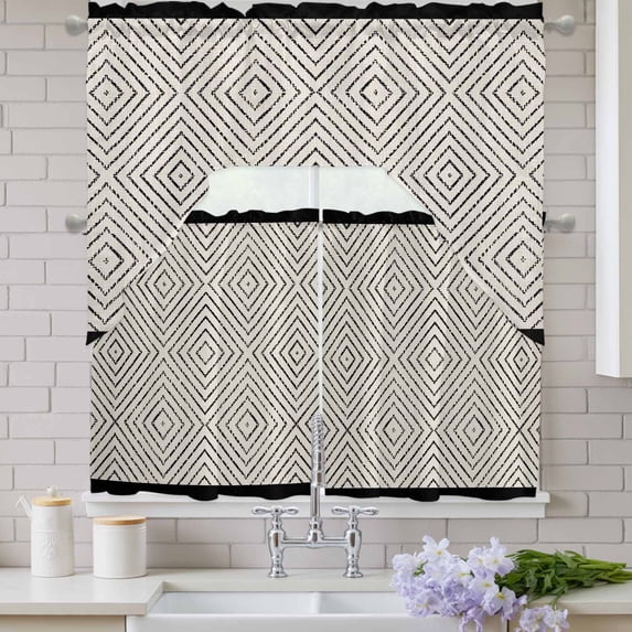 Black Rhombus Frames Swag Valance and Tier Set of 3, Minimalist Boho ...