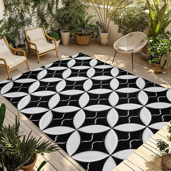 Black Rhombus Outdoor Rug for Patio/Deck/Porch, Non-Slip Large Area Rug 3 x 5 Ft, Retro Abstract Geometric Pattern Indoor Outdoor Rugs Washable Area Rugs, Reversible Camping Rug Carpet Runner