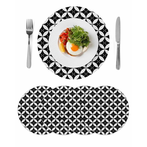 Black Rhombus Round 13 Inch Placemats Set of 4, Retro Abstract Geometric Pattern HeatResistant Non Slip Place Mats for Dining Table, Wipeable Braided Kitchen Table Mats for Housewarming
