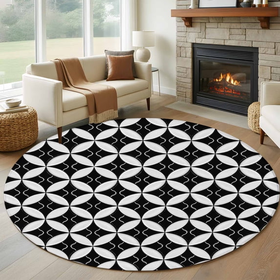 Black Rhombus Round Area Rug 7Ft Washable Circle Rugs for Dorm Laundry Room, Retro Abstract Geometric Pattern Non-Slip Carpet Floor Mats Indoor Outdoor Carpet Runner Aesthetic Home Decor