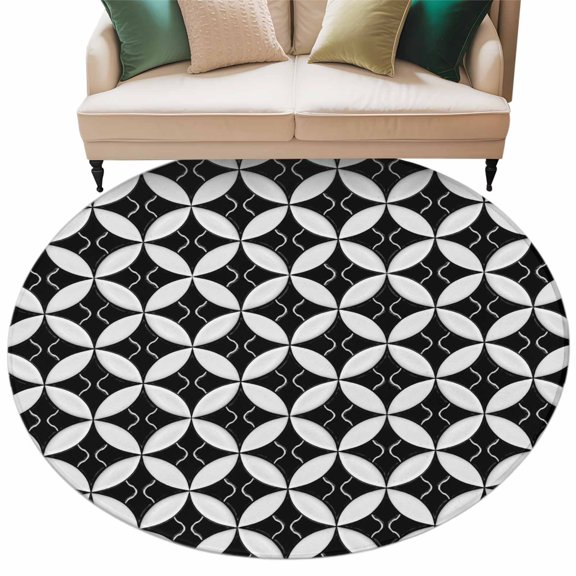 Black Rhombus Round Area Rugs Collection 8', Retro Abstract Geometric Pattern Non Slip Indoor Circular Throw Runner Rug Floor Mat Carpet for Living Room Dining Table Bedroom Nursery