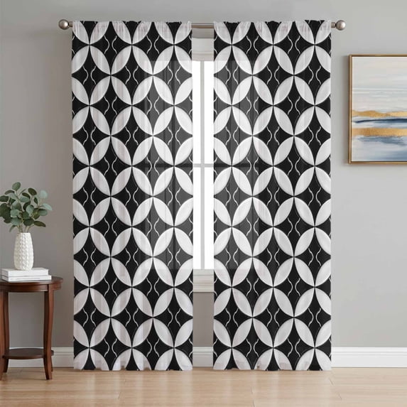 Black Rhombus Sheer Curtains 72 Inch Length 2 Panels Set Window Treatments, Retro Abstract Geometric Pattern Rod Pocket Semi Curtains for Living Room/Bedroom/Kitchen Décor, 104"W x 72"L