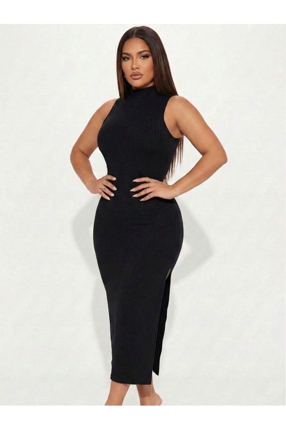 Black Rib Knit Mock Neck Bodycon Midi Dress With Side Slit For Women