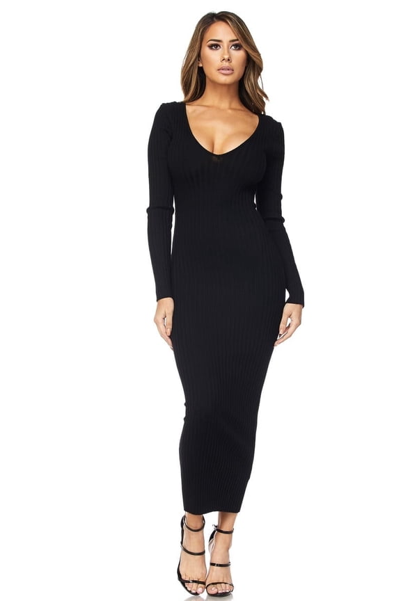 Black Ribbed Bodycon Midi Dress