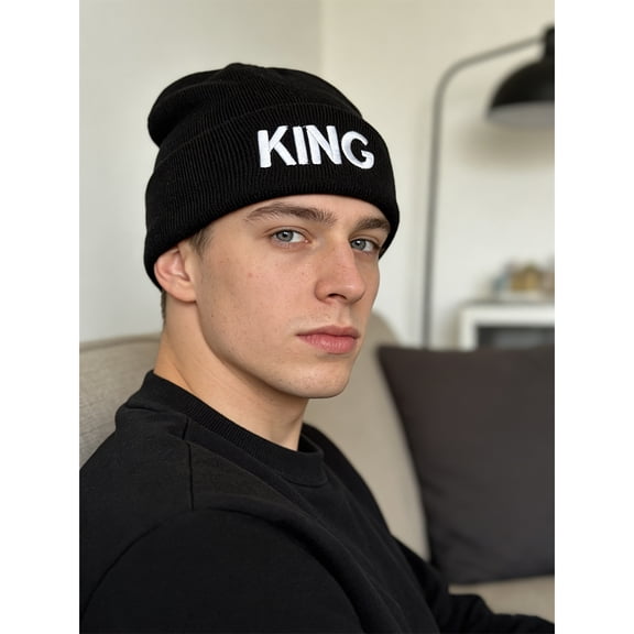 Black Ribbed Knit Beanie with "KING" Embroidery - Stylish Winter Skull Cap for Men
