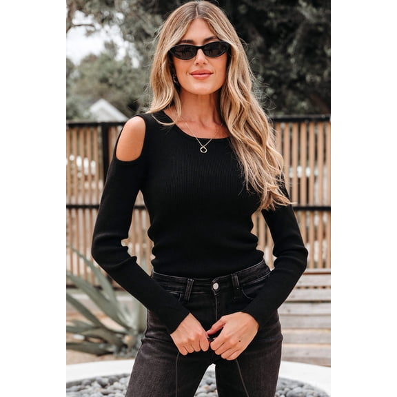 I AM A FASHION JUNKY Black Ribbed Knit Cold Shoulder Sweater