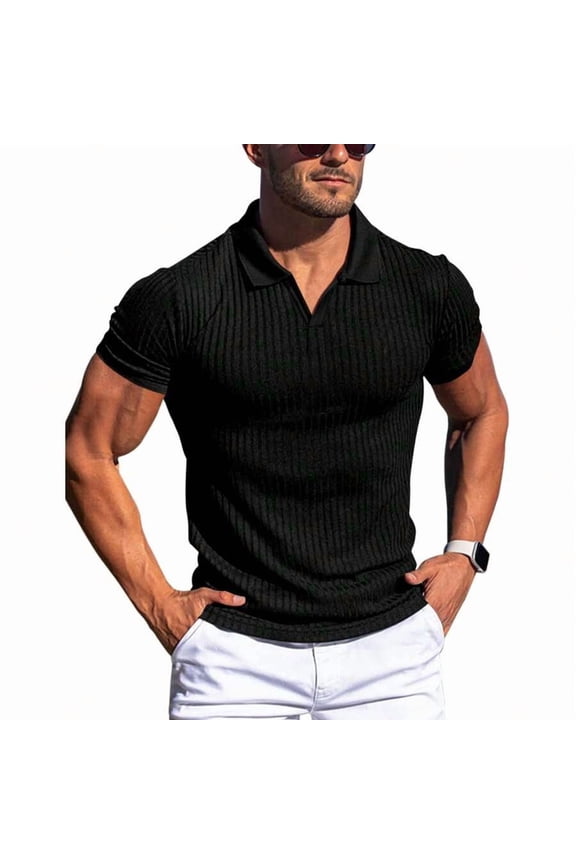 Black Ribbed Knit Polo Shirt With Collar And V-Neck Short Sleeve For Men