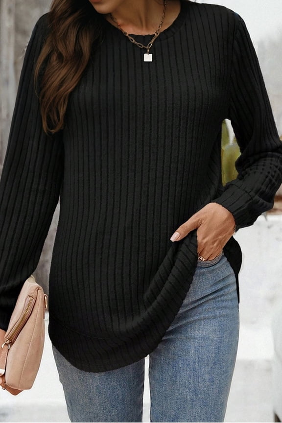 Black Ribbed Texture Round Neck Long Sleeve Rounded Hem Knit Top