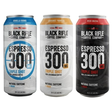 Black Rifle - 300 Coffee Triple Shot Ready To Drink Assorted Pack - Gluten Free; 300mg Caffeine; Good Protein; Includes Berry Mocha, Rich Mocha, Vanilla Bomb - Variety Pack, 15oz Cans (Pack of 12)