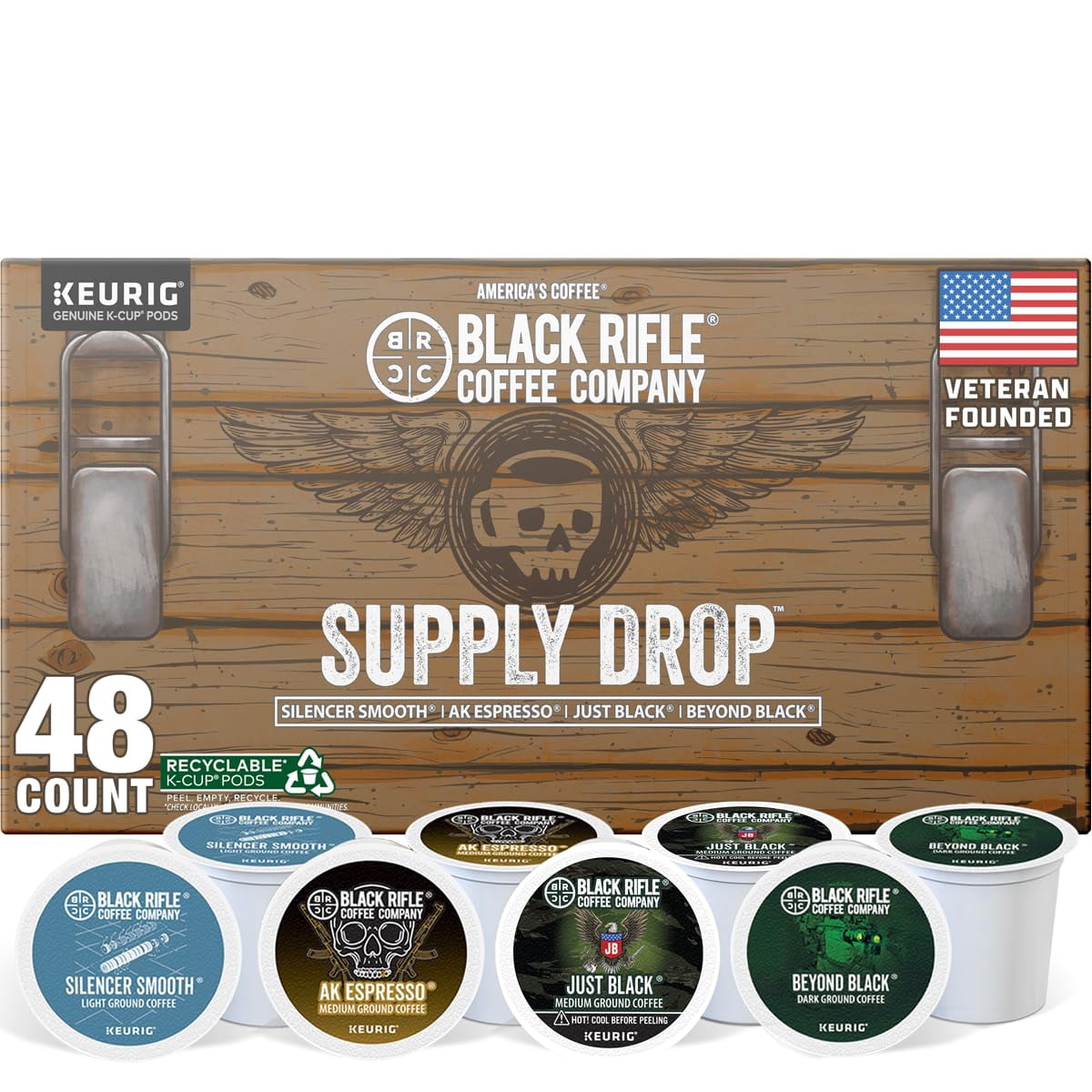 Black Rifle Coffee Company Supply Drop Variety Pack (48 Count of K Cups) - Silencer Smooth, AK Espresso, Just Black, & BeyondBlack KCup Pods - K Cups Coffee Variety Pack