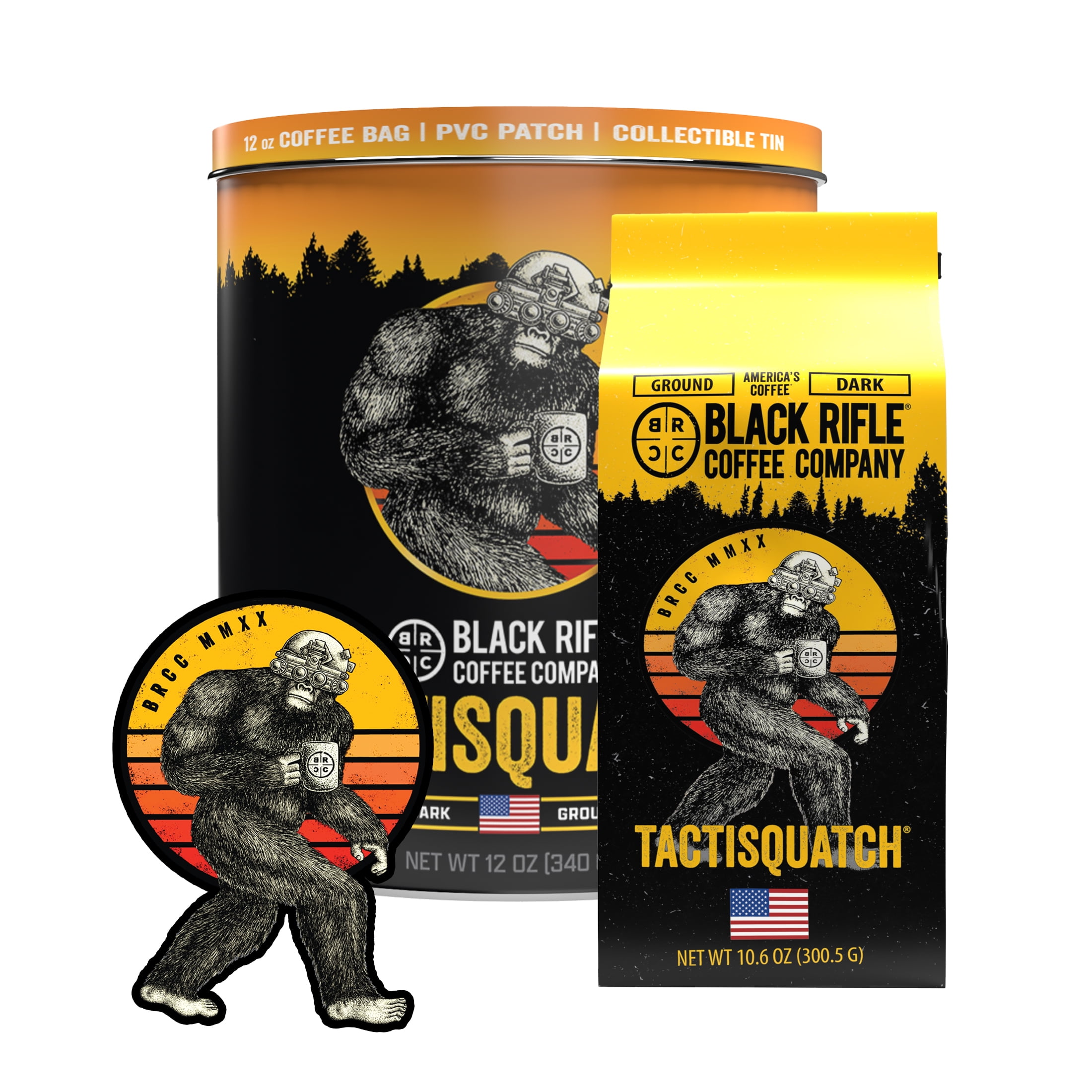 Black Rifle Coffee Company Tactisquatch, Dark Roast, Ground Coffee, Collectable Tin Bundle