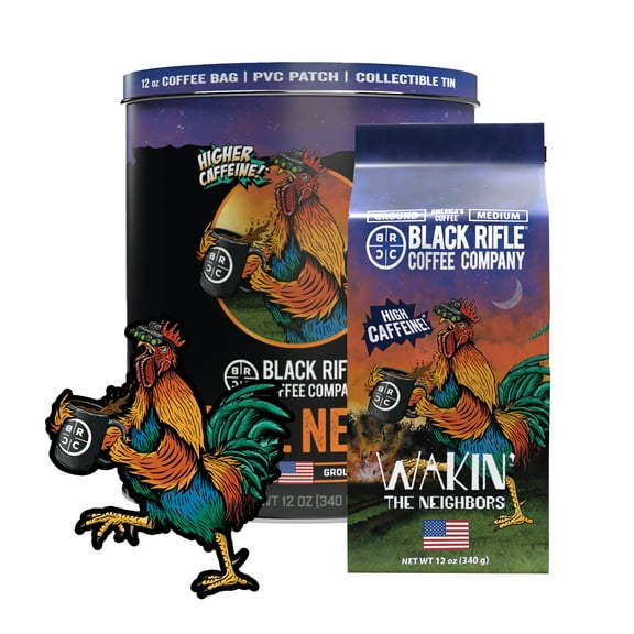 Black Rifle Coffee Company Wakin the Neighbors High Caffeine, Medium Roast, Ground Coffee, Collectable Tin Bundle