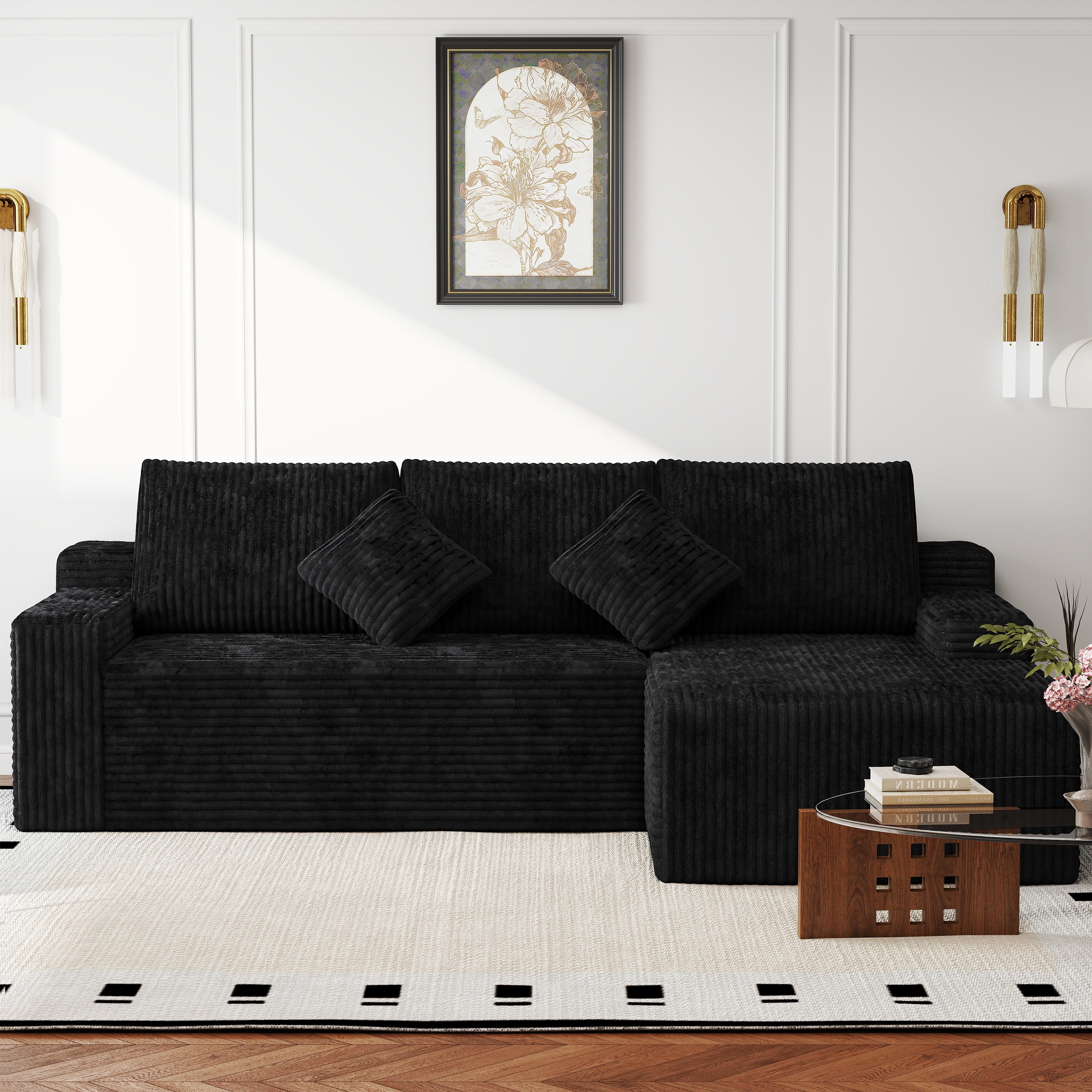 Black Right Chaise L-Shaped Corduroy Sectional Sofa, Modern Deep Seat ...