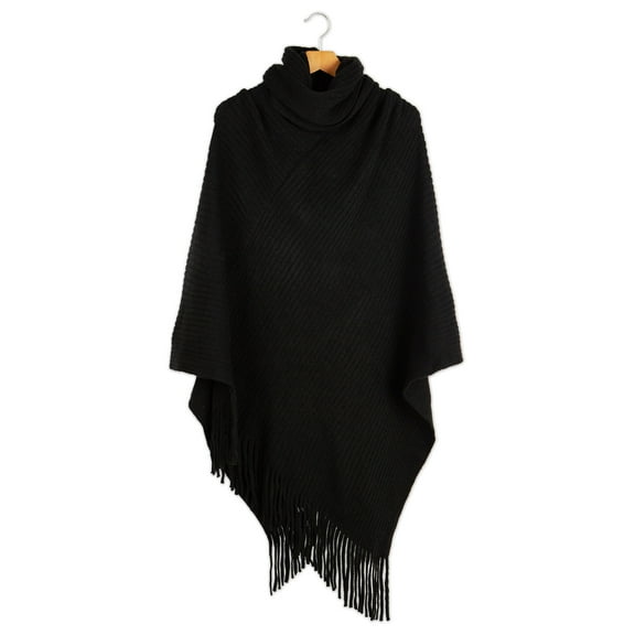 Black Riley Asymmetrical Knit Turtleneck Poncho