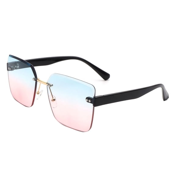 Black Rimless Square Sunglasses, UV Protection Blue-Pink Gradient Lens Shades, Trendy Fashion Shades for Women