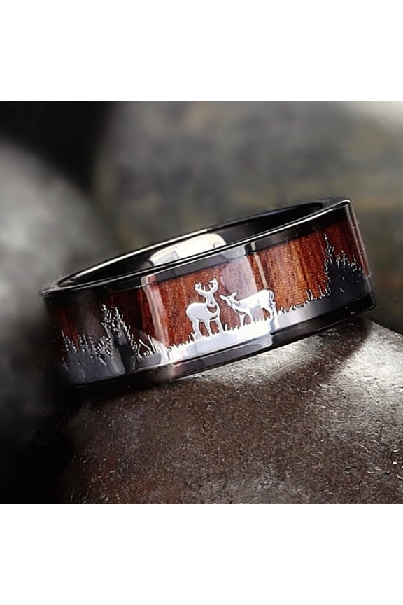 Black Ring Wood Inlay Deer Stag Ring Mens Wedding
