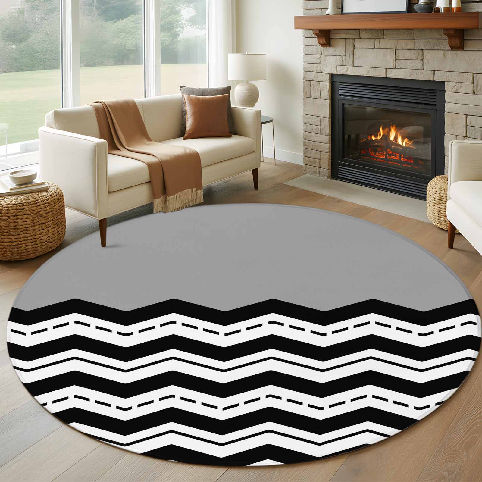 Black Ripple 8FT Round Area Rugs for Living Room Black Striped Simple ...