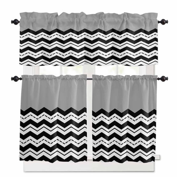 Black Ripple Kitchen Curtains Valances and Tiers Set of 3, Grey Geometric Abstract 24 Inch Length Tier Curtains and Valance Rod Pocket Valance Curtains Set for Kitchen Bathroom Small Windows