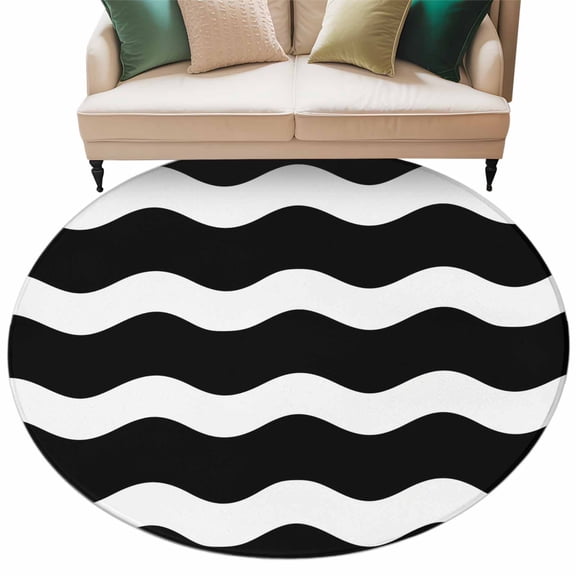 Black Ripple Large Area Rugs for Bedroom Living Room, Soft Non Slip Carpet Bedside Rug, Simple Black White Waves Aesthetics Round Floor Cover Kitchen Accent Rug 5' for Dining Room/Office
