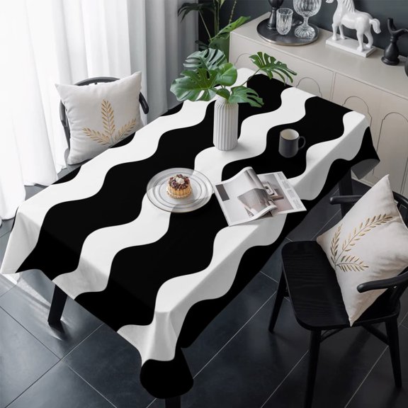 Black Ripple Table Cloth Waterproof Tablecloths, Simple Black White Waves Aesthetics Tablecloth Dining Table Cover for Kitchen Party Tabletop Outdoor, Rectangle Tablecloth 60x120 Inch