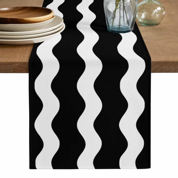 Black Ripple Table Runner, Simple Black White Waves Aesthetics Washable Cotton Linen Table Runners 36 Inches Long, Dresser Scarf Runner for Nightstand/End Tables/Round Tables 13''x36''