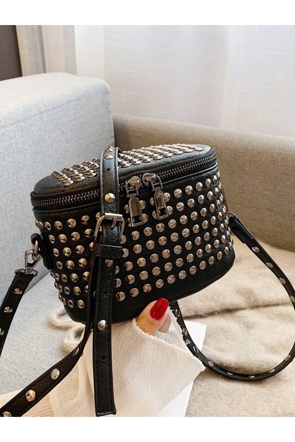 Black Rivet-Studded Mini Trapezoid Crossbody Shoulder Bag