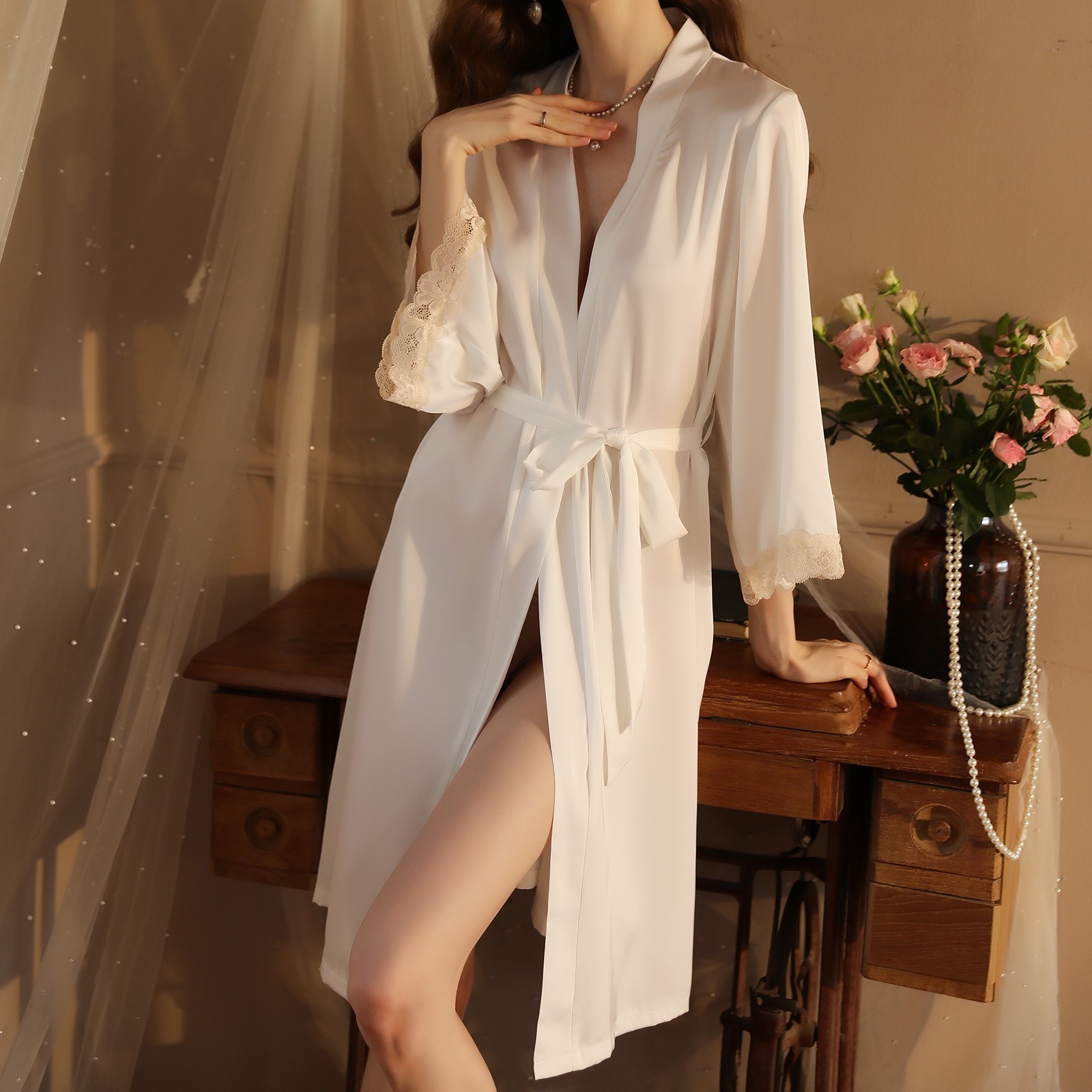 Black Robe Set Woman Night Sexy Sleepwear Ladies Silk Satin Lace Pajama ...