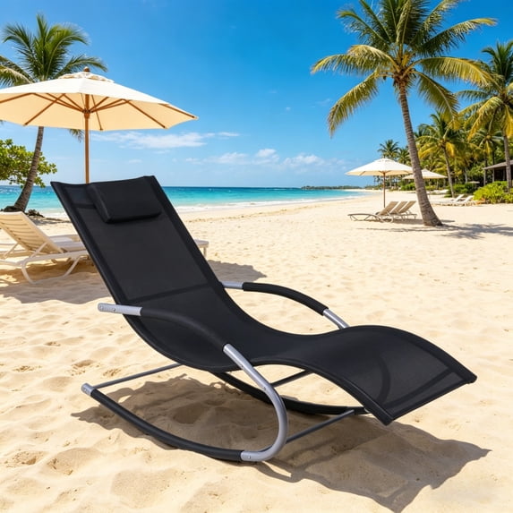 Black Rocking Chair Lounger, Folding Outdoor Rocking Lounge Chair with ...