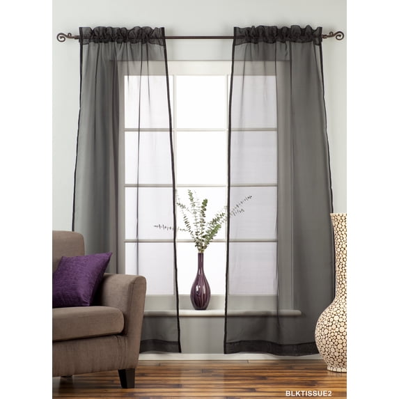 Black - Rod Pocket Sheer Tissue Cafe Curtain Panel Drape - 43W x 36L - Piece