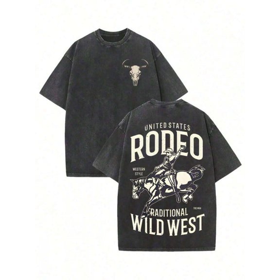 Black Rodeo Western Style Printed Cotton T-Shirt, Oversized Crew Neck Graphic Tee For Men