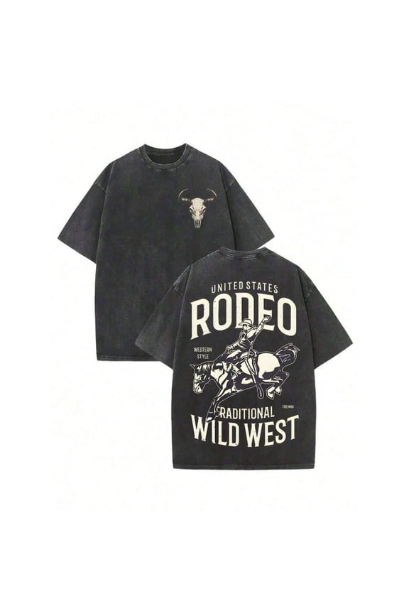Black Rodeo Western Style Printed Cotton T-Shirt, Oversized Crew Neck Graphic Tee For Men