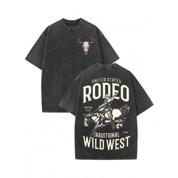 Black Rodeo Western Style Printed Cotton T-Shirt, Oversized Crew Neck Graphic Tee For Men