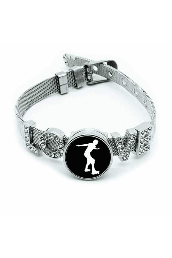 Black Roller Skating Sport Outline Bracelet Wristband Crystal Love Adjustable Bangle