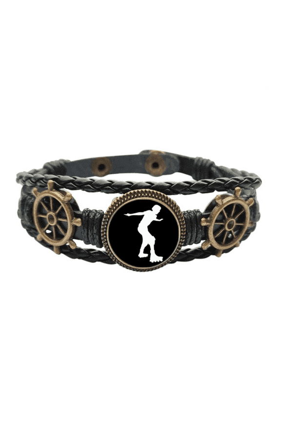 Black Roller Skating Sport Outline Leather Braided Ocean Bracelet Wristband