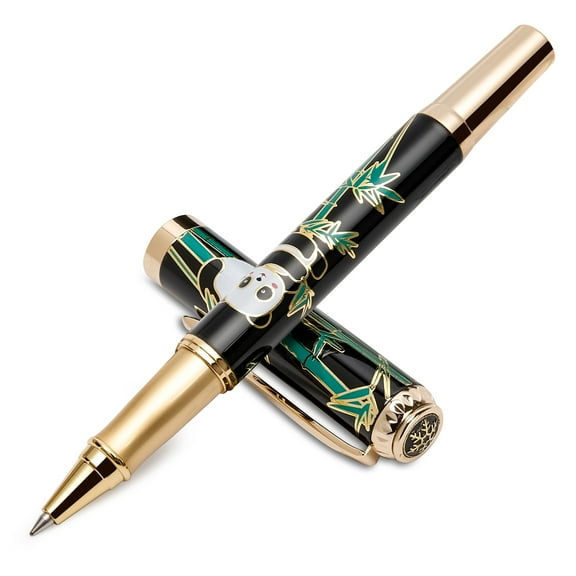 Black Rollerball Point Pen with Real 24K Gold Finish, Luxury Pen Set for Writing, Cute Panda Pen Gift for Men Women, Executive Pens Note Taking, Fancy Pen Office Christmas Birthday