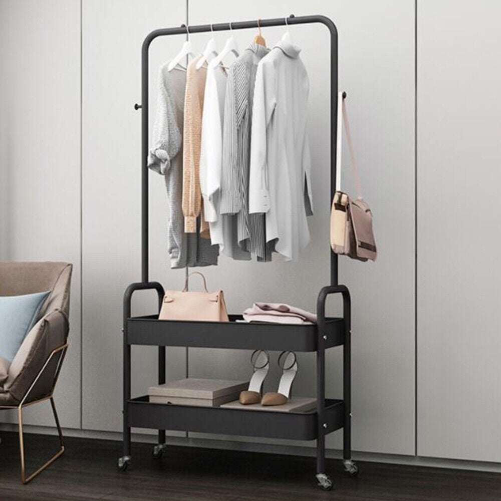 Black Rolling Clothes Rail Hanger Metal Garment Storage Rack Holder w 2 Tier Basket Walmart