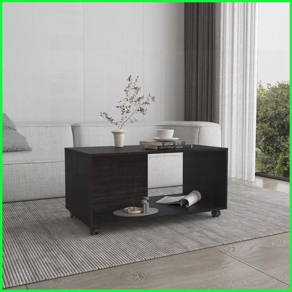 Black Rolling Coffee Table with Shelf – Easy to Move, Space-Saving for Small/Medium Living Rooms